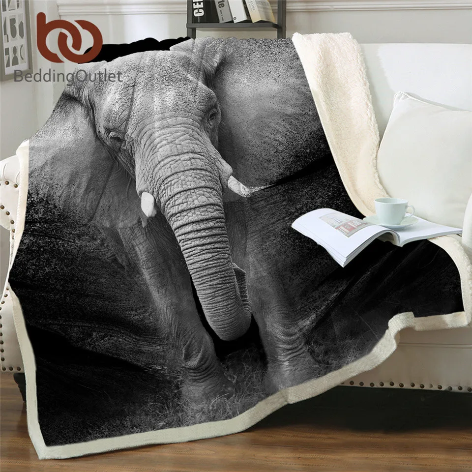 

BeddingOutlet Elephant Sherpa Throw Blanket 3D Printed Animal Bedspread Photography Black and White Plush Blanket 150x200cm