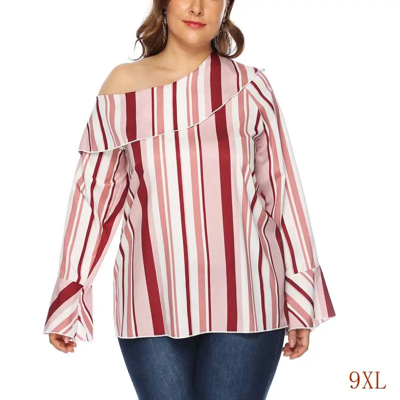 

Spring New Large Size Shirt 5XL 6XL 7XL 9XL Bust 138CM Sexy Ladies Irregular Stripe Diagonal Collar Stitching Bell Sleeve Shirt