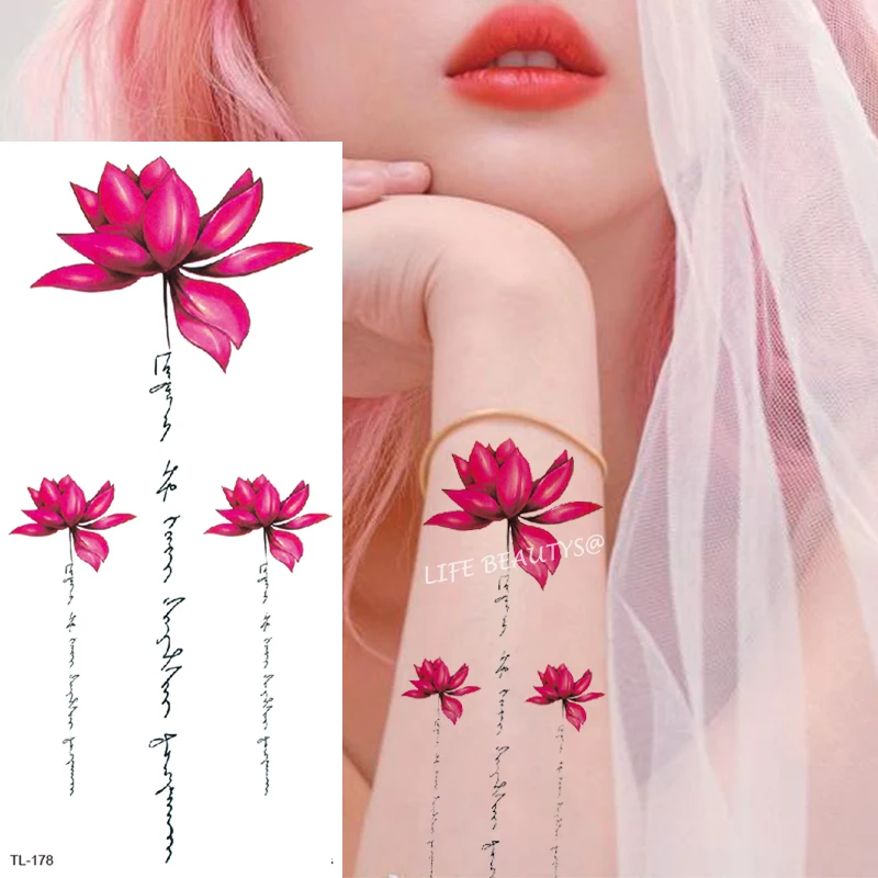 Beauty Colorful Flower Lotus Black Rose Waterproof Temporary Tattoo Body Art Arm Sleeve Water Transfer Fake Women Sticker