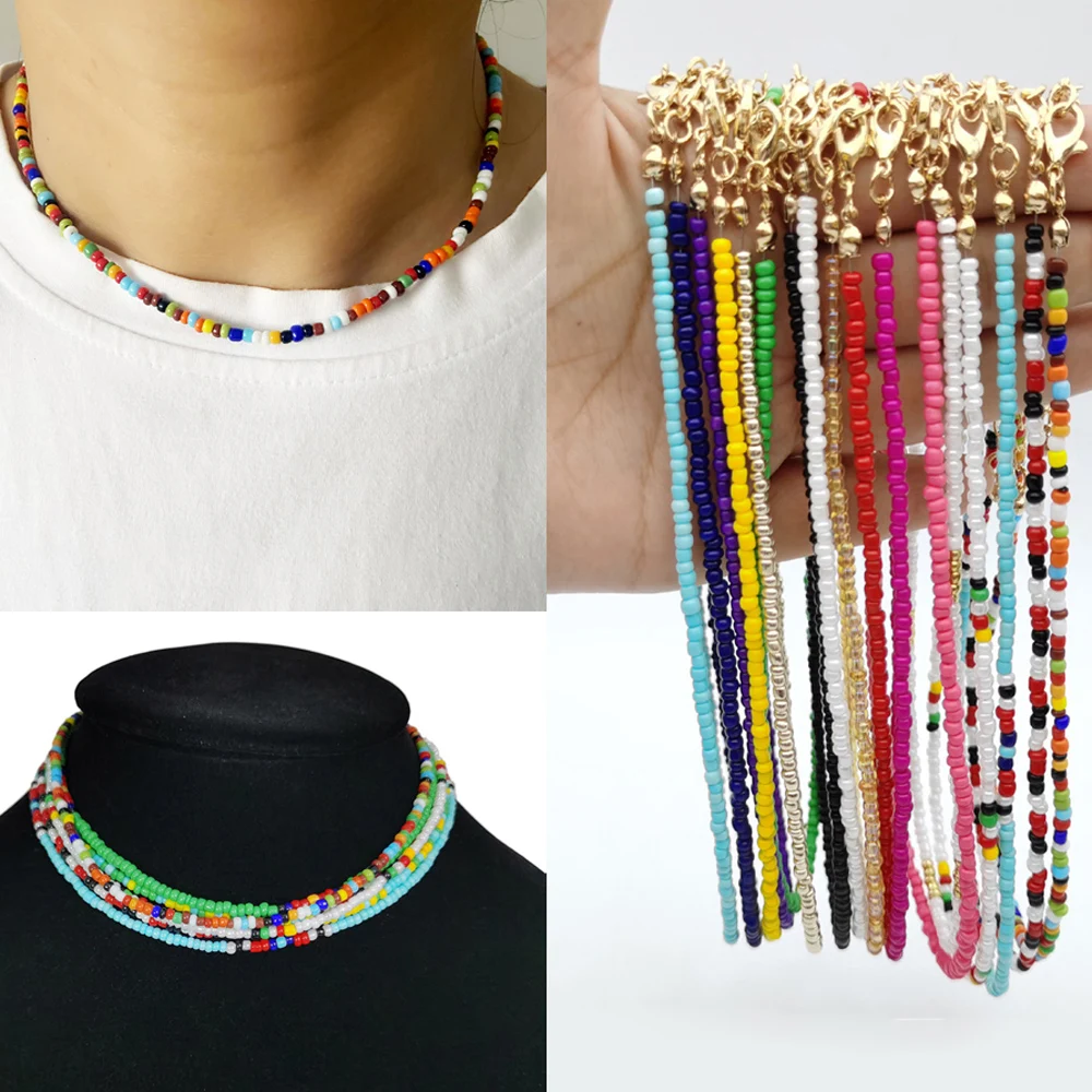 Handmade Seed Bead Choker Necklace Bohemian Colorful Beaded Short Collar Necklace For Women Beach Party Jewelry Gift