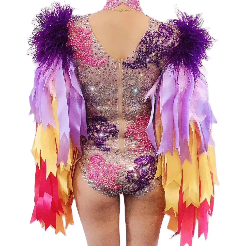 Nightclub Women Dance Show Wear Bodysuit Colored Ribbon Sleeve Feathers Rhinestones Printing Stage Performance Drag Queen Outfit