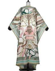 Length 130cm Bust 130 cm elegant printed silk Caftan lady dresses Loose Style Dashiki African Muslim women long dresses