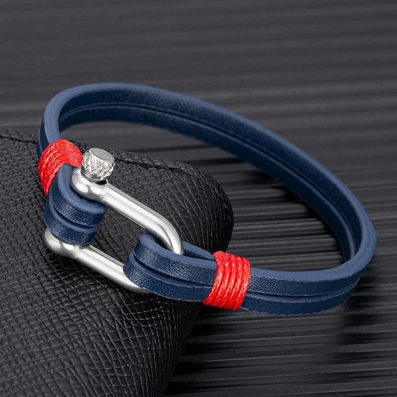 MKENDN Men's Leather Bracelet Nautical Double Strand Stainless Steel U shape Clasp Bracelets & Bangle For Women Sport Jewelry