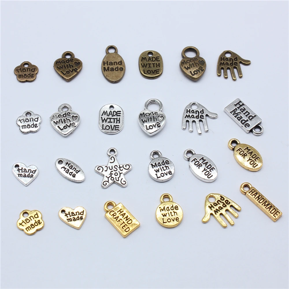 40pcs Metal Alloy 3 Colors Letter Florets Heart Hand Made Charms Made With Love Pendants For Jewelry Making DIY Handmade Craft