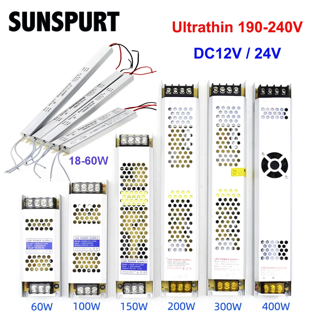 Ultra Thin LED Power Supply Lighting Transformer DC12v 24v 60w 100w 150w 200w 300w 400w 500 AC190-240V Driver Adapter For Strips