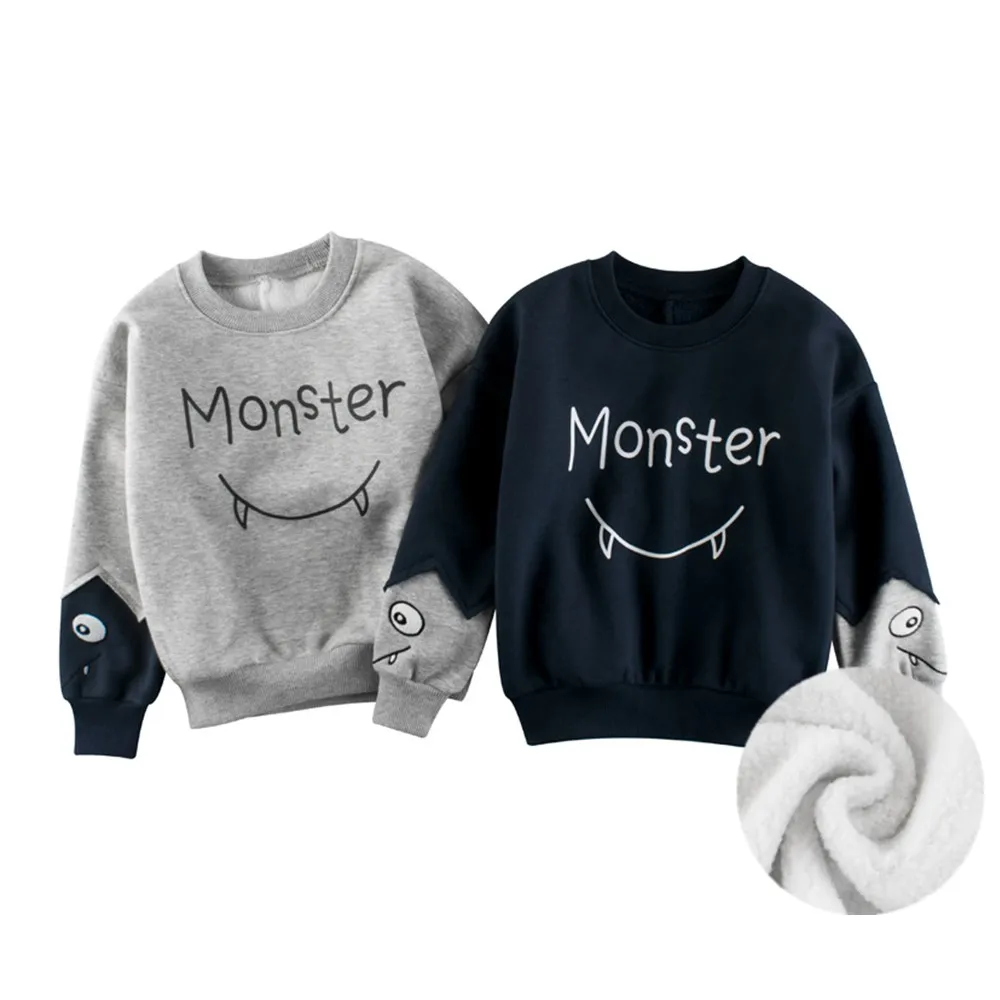 2022 Spring Winter Sweatshirts Coat Kids Boys Girls Monster Letter Print Clothes Children Fluff Sport Casual Sweater 2205