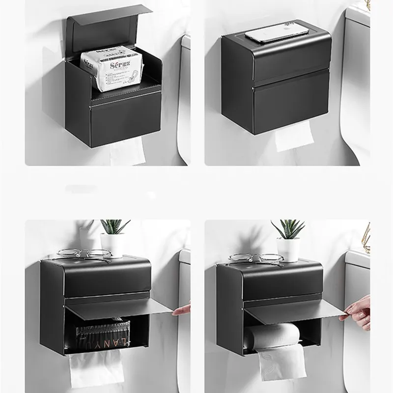 Black/Chrome Stainless Steel Wall Mounted Toilet Paper Holder Bathroom Storage Rack Paper Towel Roll Tissue Box Organizer 5