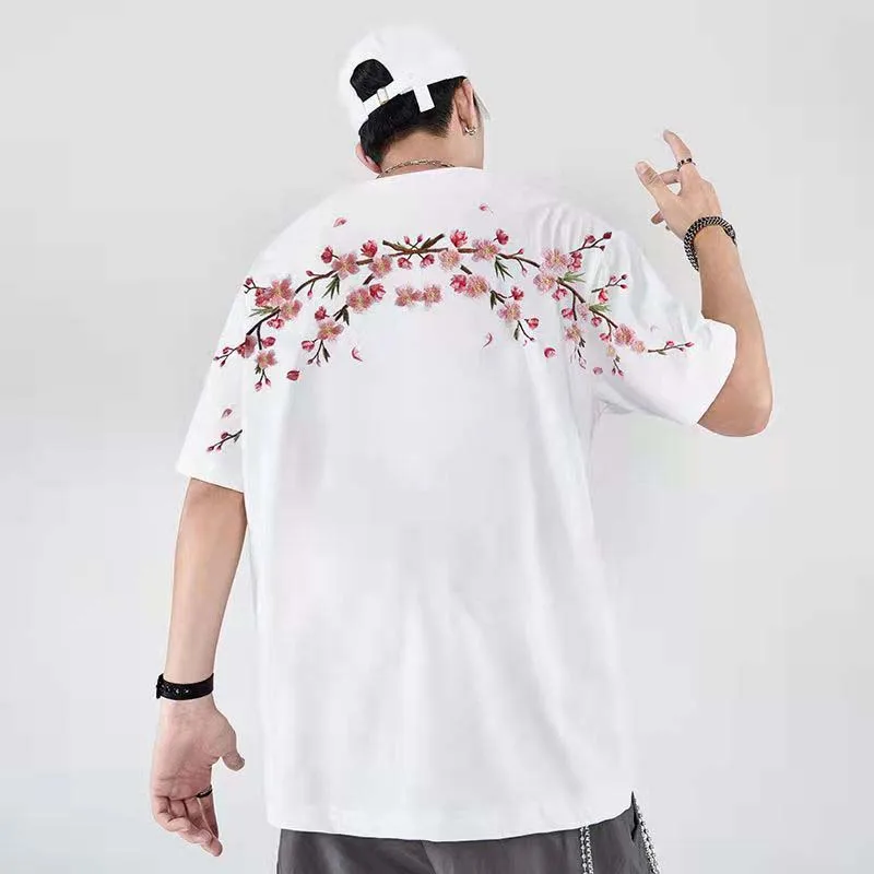 Summer Korean Version Of The Hong Kong Style Ins Short-sleeved Men\'s Loose Wild Round Neck Japanese National Tide Embroidery Mid