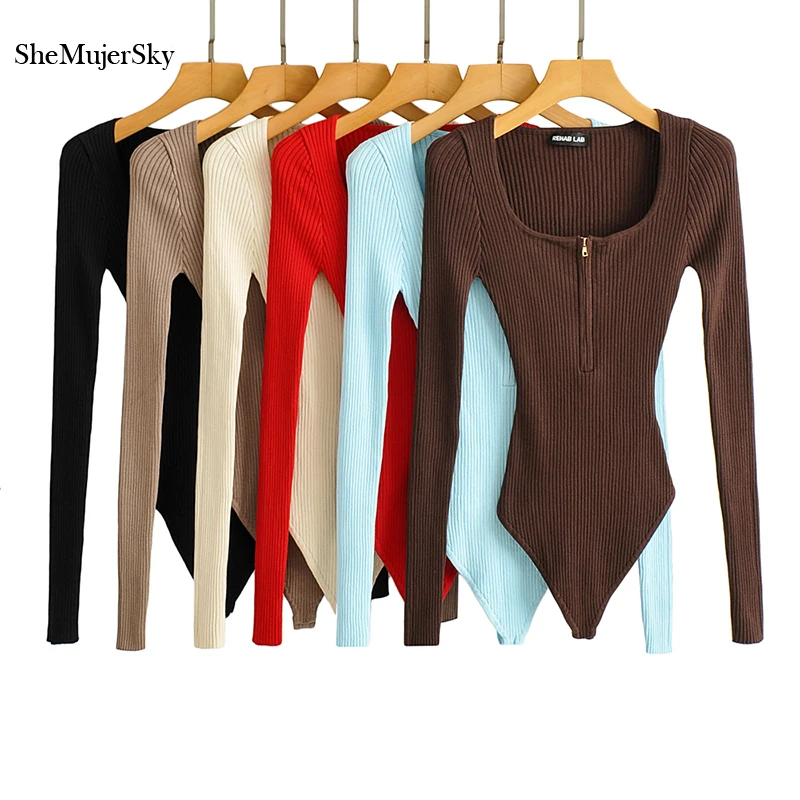 Women Knitted Zipper Square Collar Bodysuits Elastic Slim Long Sleeve Solid Color Jumpsuits Sexy Tops