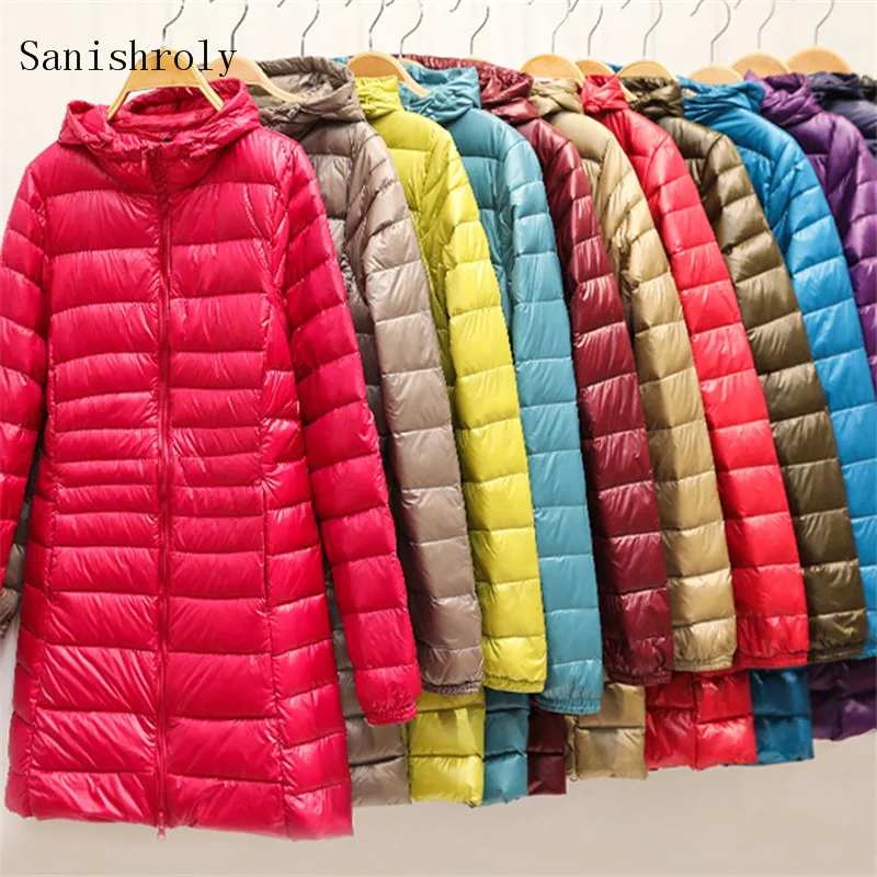 

Sanishroly S-7XL Autumn Winter White Duck Down Jacket Women Ultra Light Down Coat Parka Female Midi Long Hooded Puffer Outwears