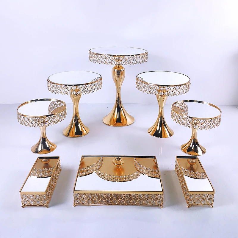 8pcs Crystal Metal Cake Stand Set  Acrylic Mirror Cupcake Decorations Dessert Pedestal Wedding Party Display Tray