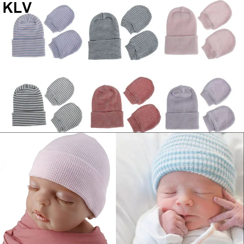 Newborn Baby Hat and Mitten Set Hospital Knit Cap Soft Nursery Beanie For 0-3 Month