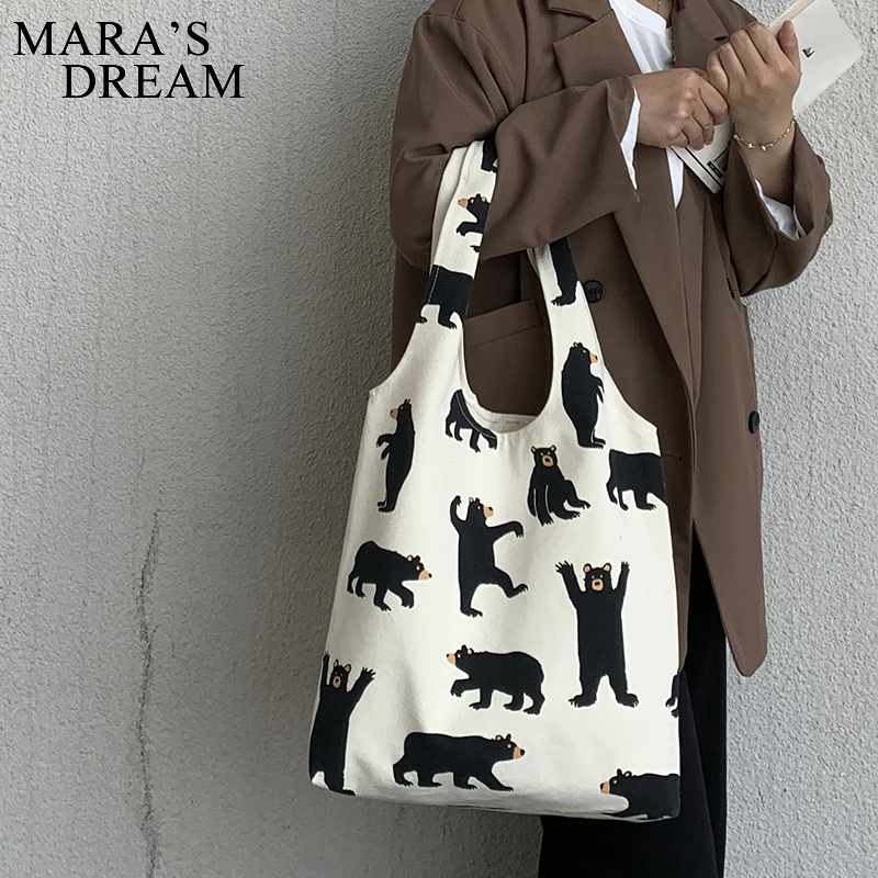 Mara\'s Dream Korea Ulzzang Big bear pattern Print Female Shopping Canvas Tote Casual Large-capacity Cartoon Women Shoulder Bags