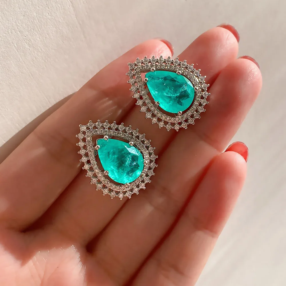 2021 Mới Thật Nữ Bạc 925 Quả Lê Hình Paraiba Đá Quý Tourmaline Mặt Dây Chuyền Bông Tai Kẹp Vành Đính Bộ Trang Sức Nữ Quà Tặng