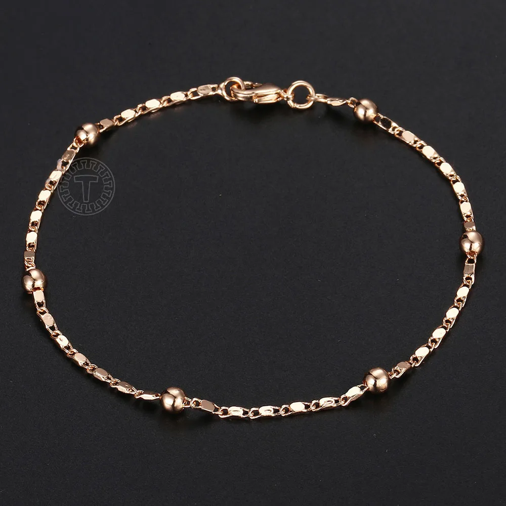 2mm Thin Marina Link Chain 585 Rose Gold Color Bracelet for Women Girls Woman Bracelet Wholesale Jewelry Gifts 20cm CB11