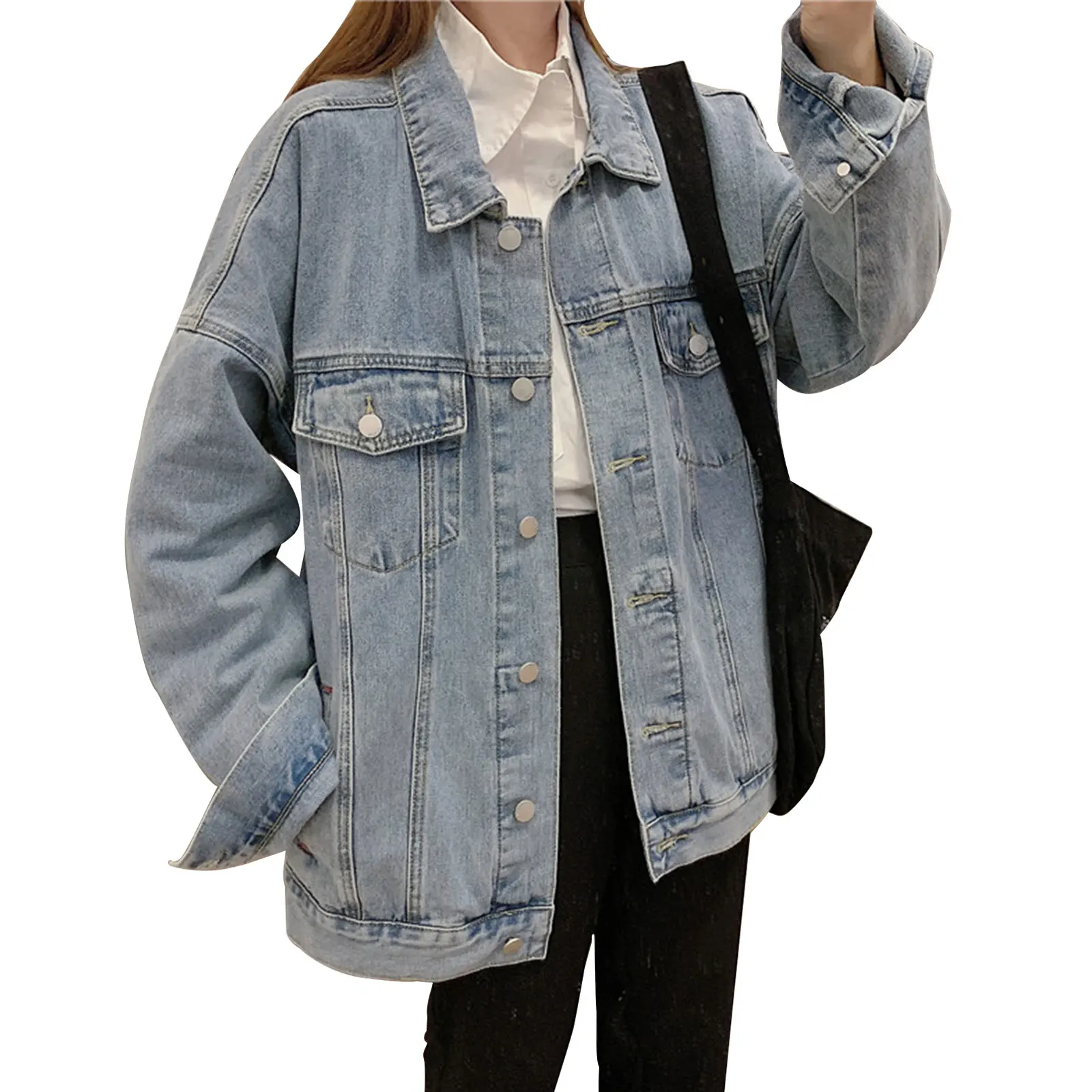 Denim di media lunghezza BF Lovers Hong Kong sapore nero cappotto di jeans grande sciolto Top Oversize da donna Fat Mm Fashion