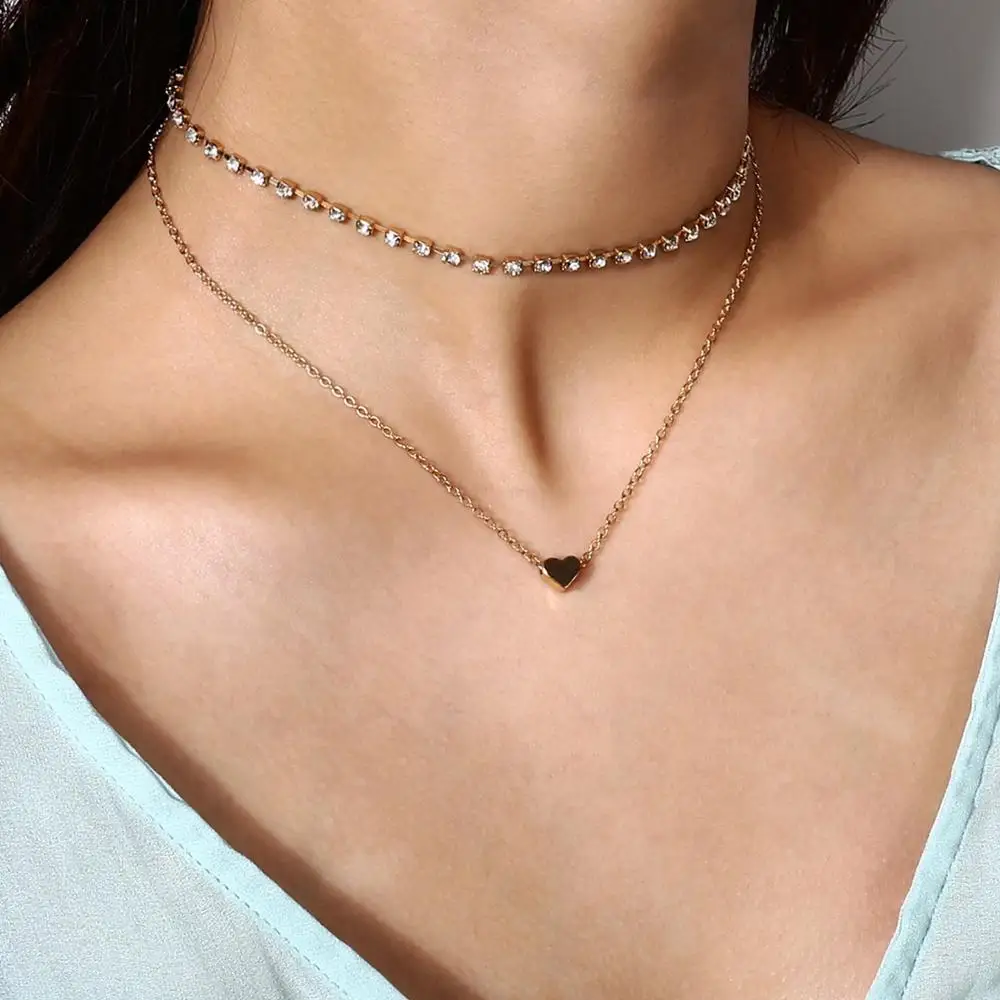 Fashion Rhinestone sexy heart sparkle clavicle Trinket silver gold neckline pendant neck women's layered Necklace