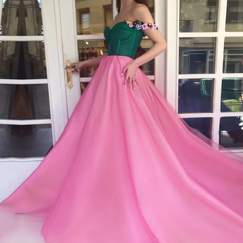 

Green and Pink Evening Dresses Spaghetti Strap Handmade Flowers A-Line Arabic Prom Gown Custom Made Party Dress for Graduation