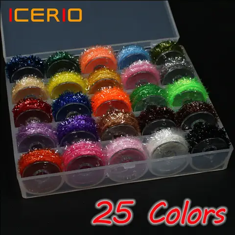 ICERIO 25 Colors 5m/reel Fly Tying Tinsel Chenille Material for Streamer Lures Crystal Flash Dubbing Fiber/Flex Hackle Material