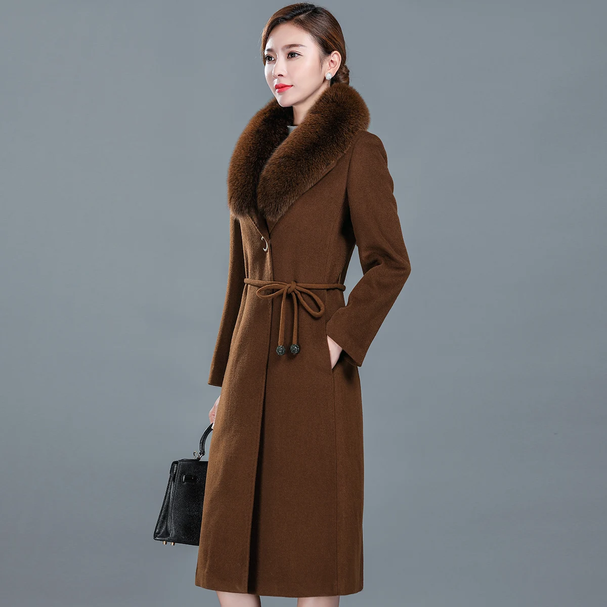 Autumn Winter Fox Fur Coat Women Wool Coat Female Long Jackets Korean Cashmere Woolen Jacket Warm Clothes Overcoat 58189