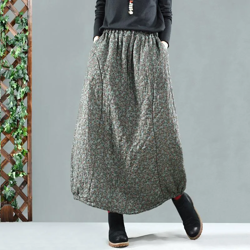 Autumn Winter New Arts Style Women Elastic Waist Thicken Warm Loose Long Skirt Vintage Print Cotton Casual A-line Skirts M267