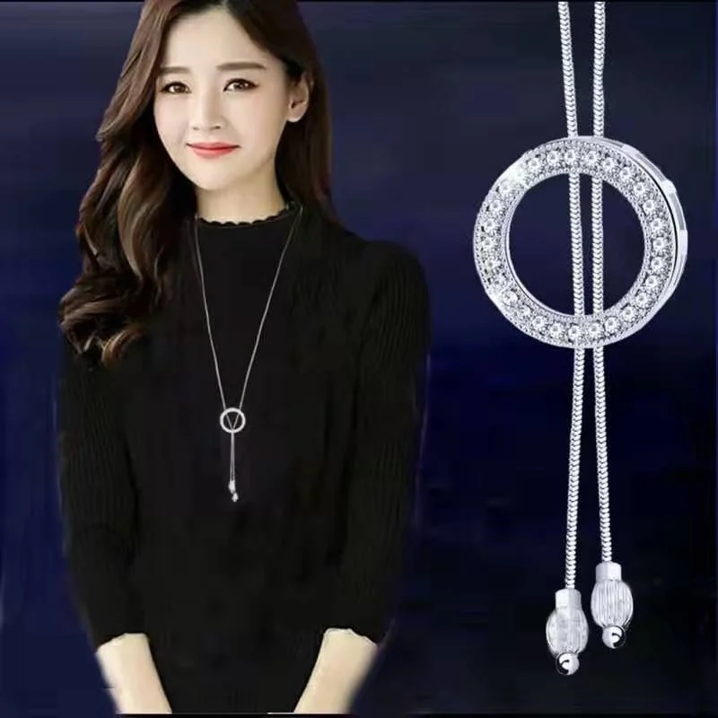 Fashion Crystal Bow Charm Sweater Chain Long Necklace Korean Tassel Zircon Rose Flower Pendant Necklace Jewelry for Women Gifts