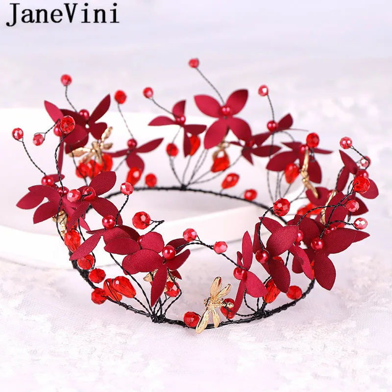 JaneVini Vintage Red Pearls Bride Crown 2020 Boho Beaded Leaves Bridal Tiaras and Crowns Gold Dragonfly Headband Hair Accessory