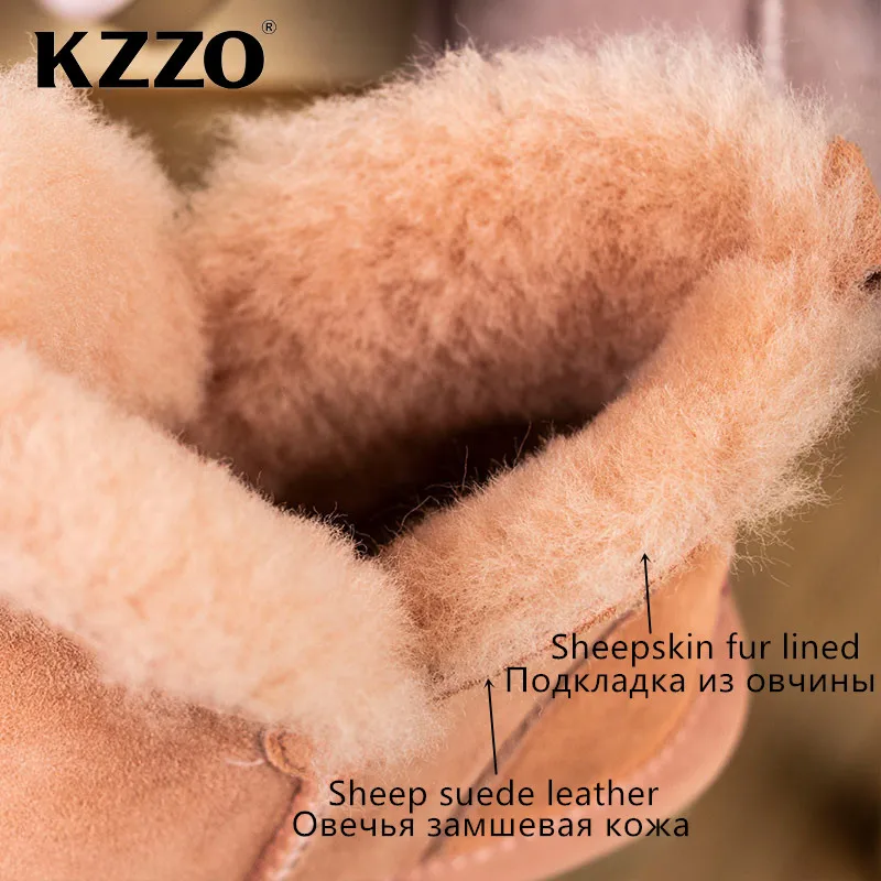 KZZO New Fashion Sheepskin Suede Leather Women Winter Boots 100% Natural Wool Fur Lined Ankle Snow Boots Non-slip Shoes Warm