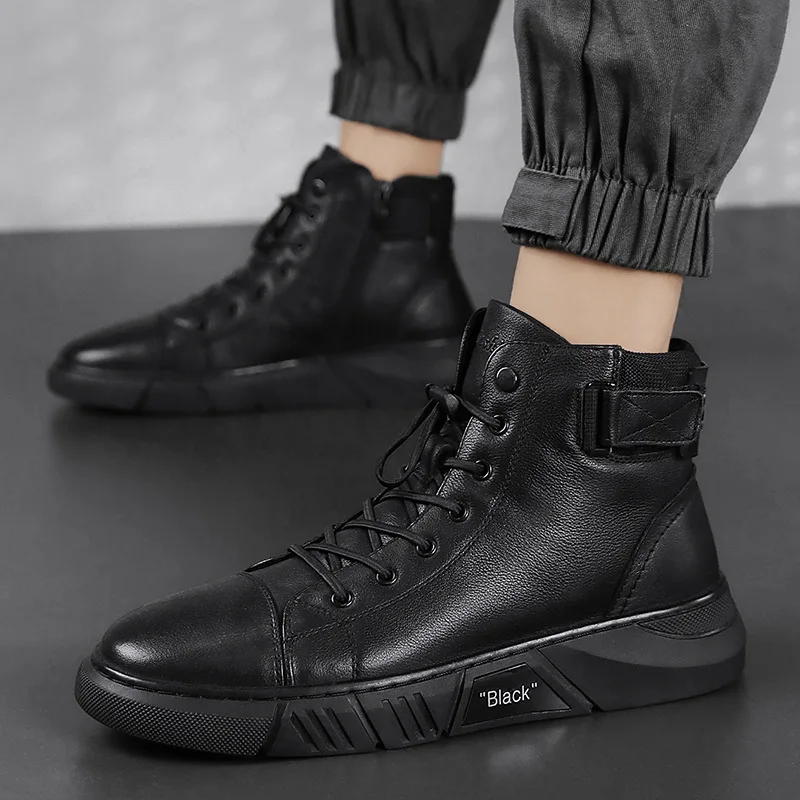 

Men's high-top Leather Shoes Black Leather Boots Winter Pop Nice men's Shoes Casual Nice Boots Zapatos De Hombre Men Boots