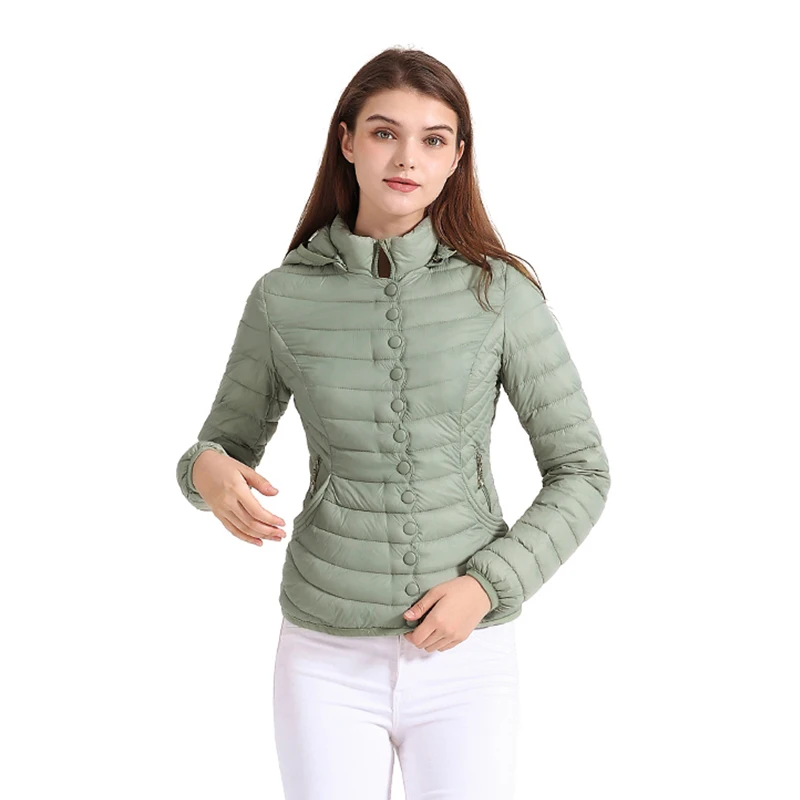 SANTELON Women Elegant Fashion Design Padded Puffer Jacket Coat Female Soild Light Green Warm Cotton Clothes Ultralight Outwear