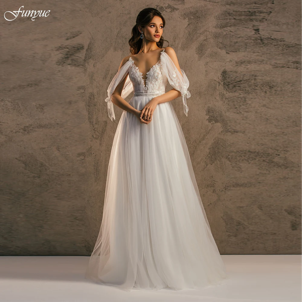 Sexy Princess Ivory Bridal Wedding Dress V-Neck Open Sleeve Lace Cheap Wedding Gowns Illusion Back A Line Tulle Vestido de Noiva