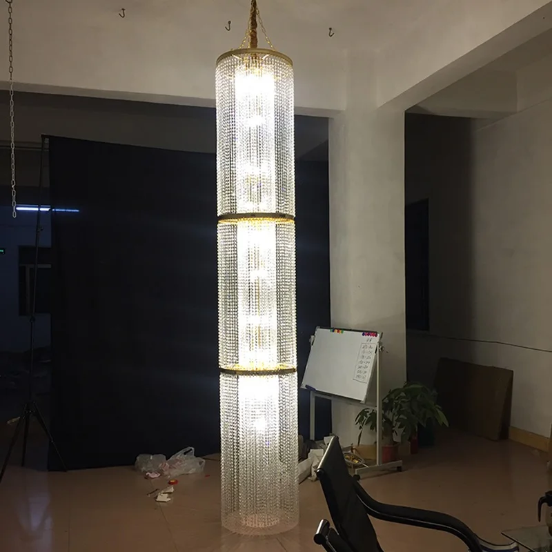 Long Crystal Chandelier Light Double Living Room Lamp Big Hall Crystal Chandelier Luxury Large Gold Crystal Light Fixture E14