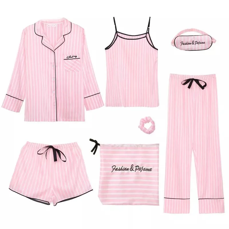 7 Pieces/set Women's Pajamas Pink Sets Sling Striped Ice Silk Homewear Women's Pajamas Sleepwear Sets Spring Summer Homewear