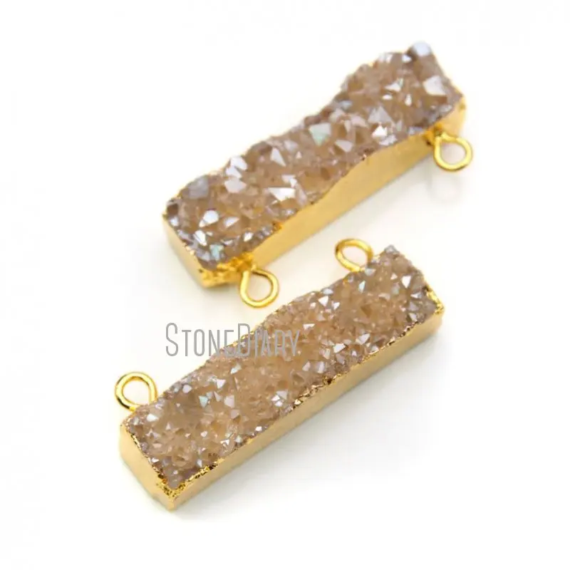 PM16423 Titanium Plated Champagne Crystal Druzy Drusy Pendant Copper Rectangle Shape Double Hole Gold Plated Jewelry