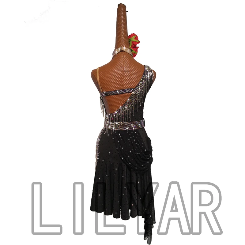 Latin Dance Dress Latin Skirt Competition Dress Costumes Performing Dress Practice Skirt Customize Adult Kids Lady Black Tassel1