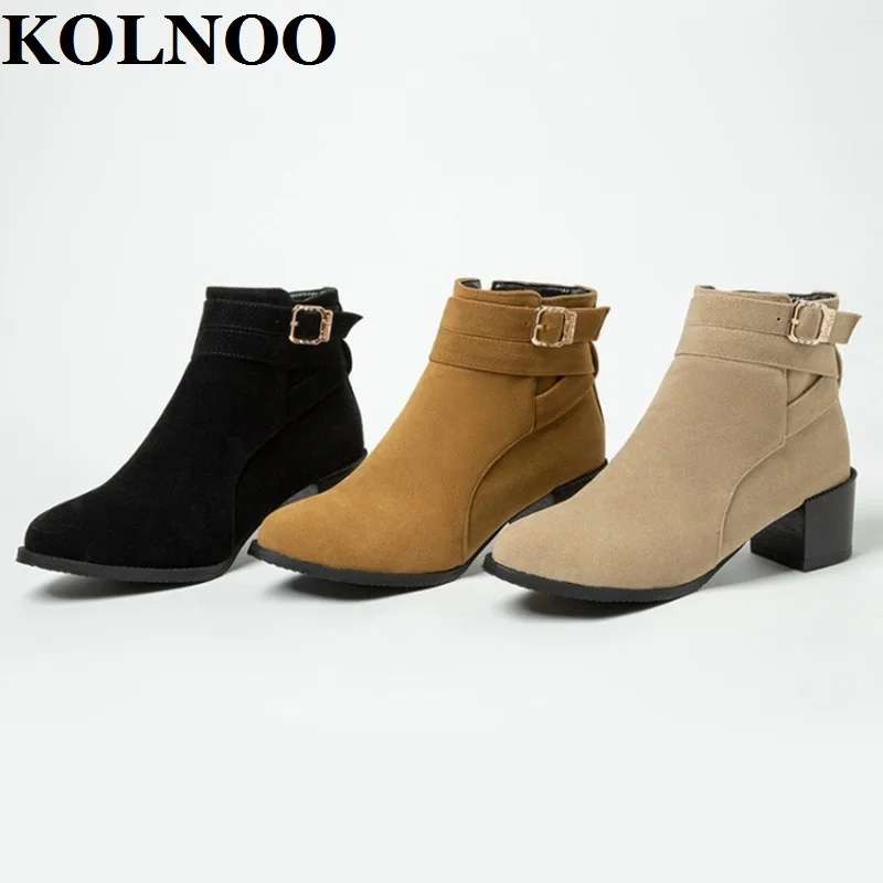 

Kolnoo New Retro Handmade Ladies Chunky Heels Boots Buckle Strap Deco Side-Zipper Dress Ankle Boots Fashion Party Winter Shoes