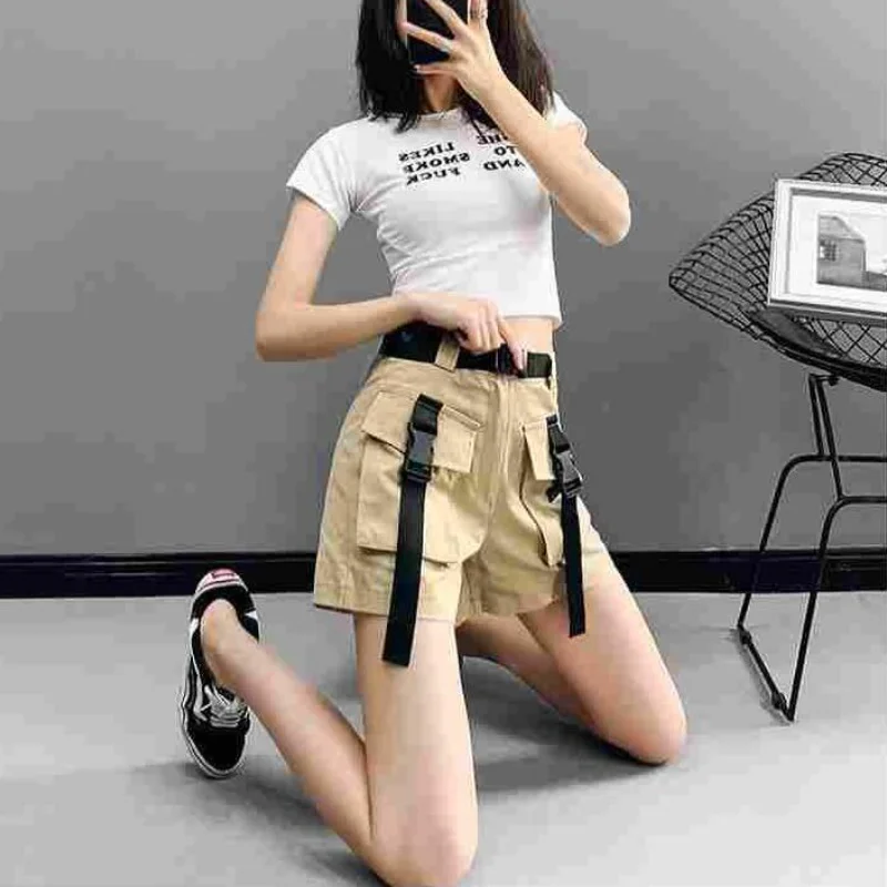 여성용 카고 반바지, 하이 웨이스트 포켓, 한국 스타일, 얇은 루즈, 올 매치 캐주얼, 와이드 레그, 하라주쿠 의류 디자인, 여름