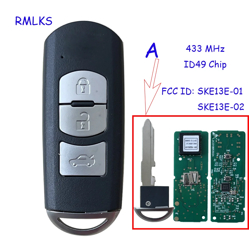 433Mhz ID49 2/3 pulsanti Smart Key adatto per MAZDA CX-3 Axela CX-5 Atenza modello SKE13E-01 SKE13E-02 telecomando per auto