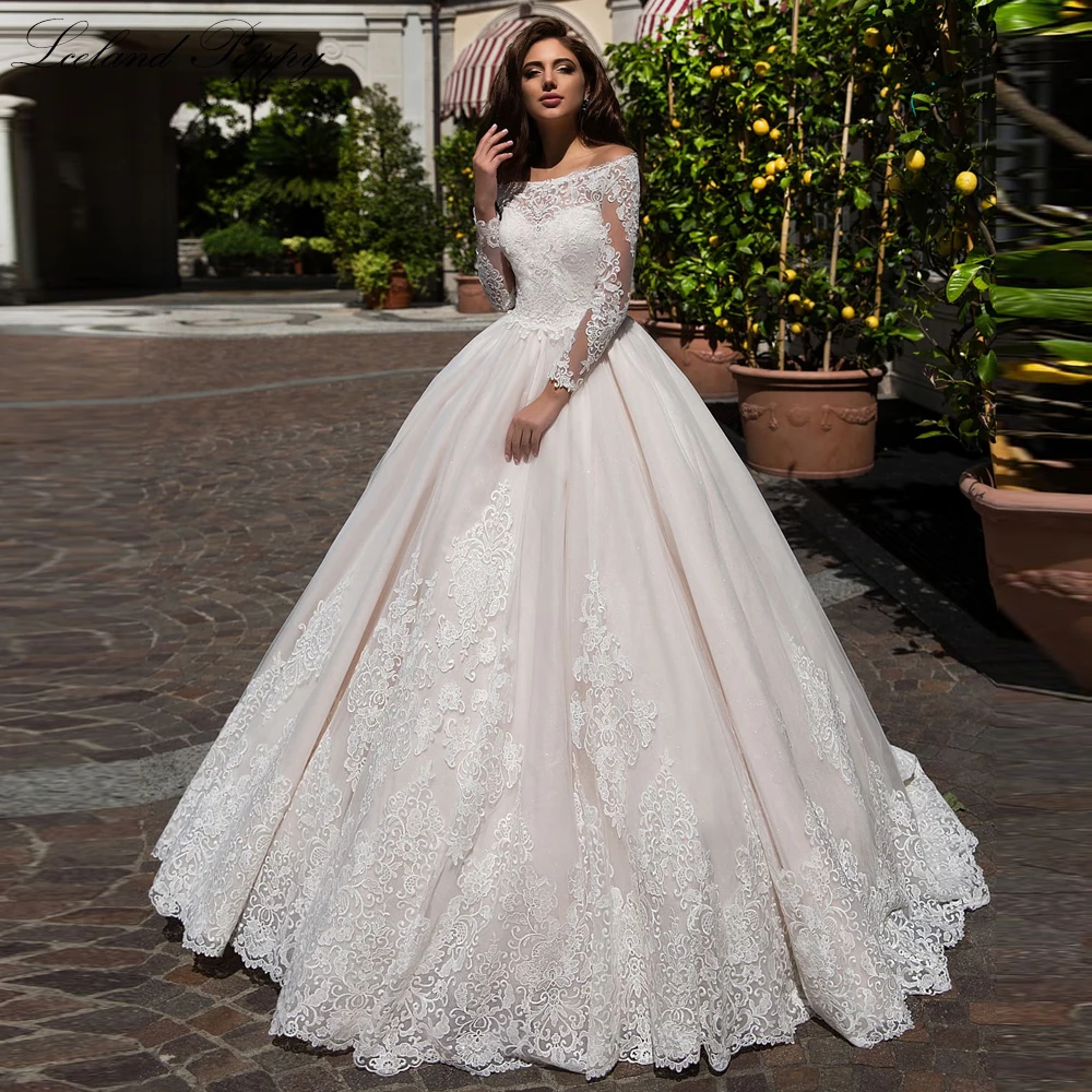 Lceland Poppy Customized Boat Neck Ball Gown Wedding Dresses Full Sleeves Bridal Gowns with Lace Appliques