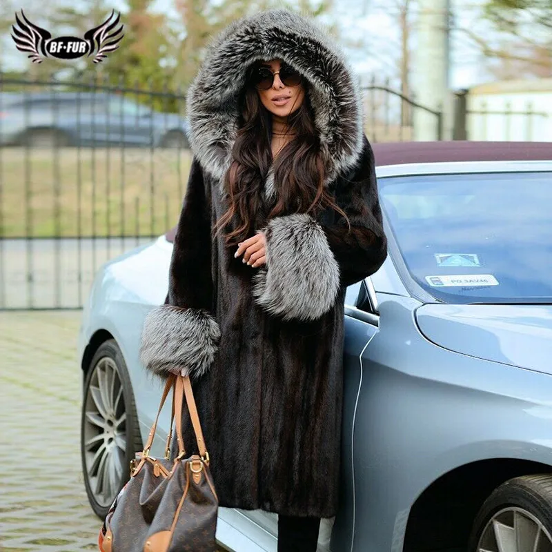 100cm Long Fashion Real Mink Fur Coat With Sliver Fox Trim Of Hood Natural Full Pelt Genuine Mink Fur Jacket  Women Winter Coats