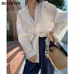 BGTEEVER Stylish Oversized White Shirts for Women 2021 Autumn Loose V-neck Full Sleeve Female Blouses Casual Blusas Femme