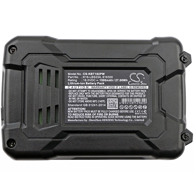 Cameron Sino Battery for KOBALT 616300 K18-LBS23A fits KARCHER K18LD-26A Power Tools Replacement battery  1500mAh/27.00Wh Li-ion