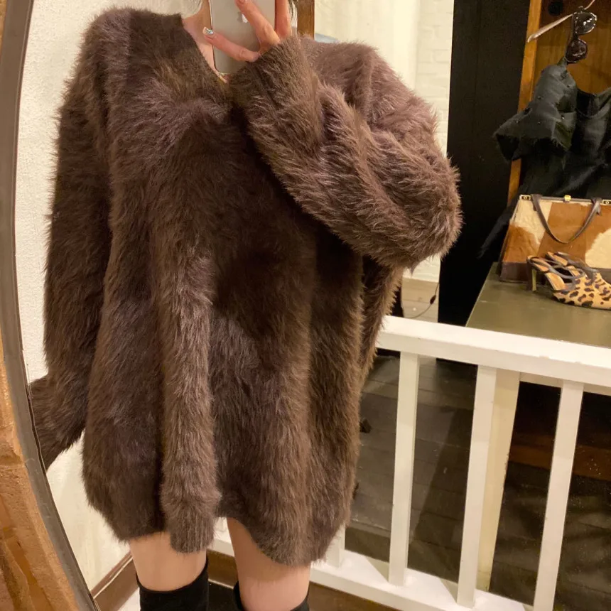 JSXDHK Casual Women V Neck Thicken Warm Knitting Sweaters Autumn Winter Mink Cashmere Soft Ladies Loose Mohair Long Pullovers