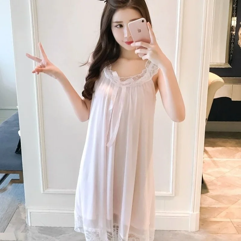 Nightgowns Women Leisure Knee-length Sleep Comfortable Sexy Sweet Lace Sleeveless Homewear Solid Color Soft Japanese Style Retro