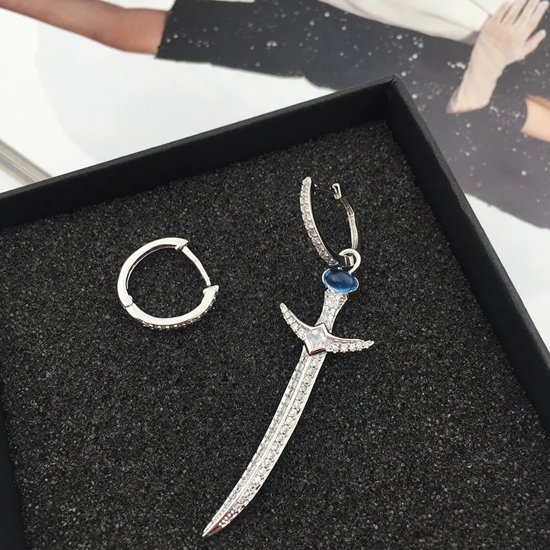 Rhinestone small tiny hoop earrings sword dagger earrings asymmetrical mismatched blue 2020 for women and men