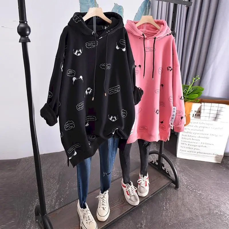 2024 New Large Size Plus Velvet Hoodies Women Loose Korean Style Autumn And Winter New Mid-length Thick Coat Women\'s Hooded Top