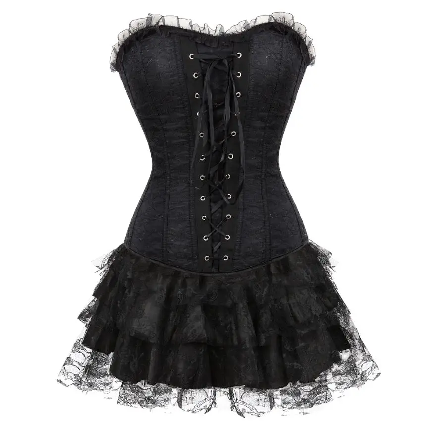 Victorian Corset Dress Vintage Lace Up Sexy Brocade Overbust Corset Bustier Top Mini Tutu Skirt Party Fashion Elegant Costume