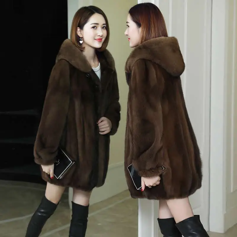 

New 2023 Autumn Winter Imitation Mink Velvet Overcoat Women Thick Warm Outwear Hooded Mid Length Faux Fur Coat Female Parka 668