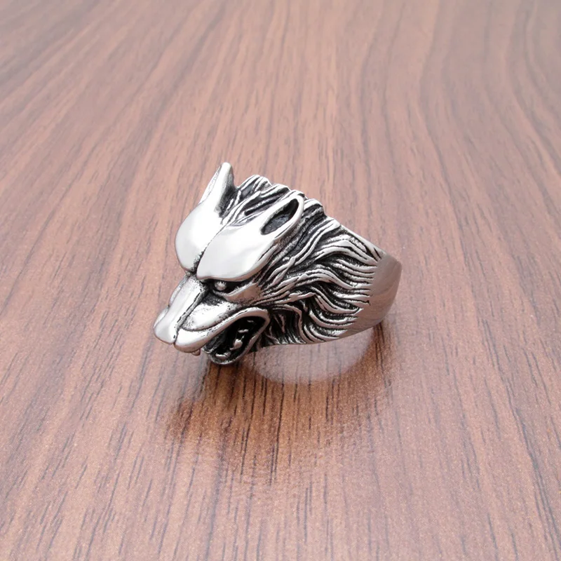 Punk Size 7-15# 316L Stainless Steel Silver Color Black Big Viking Wolf Head Animal Ring Jewelry For Men\'s Gift