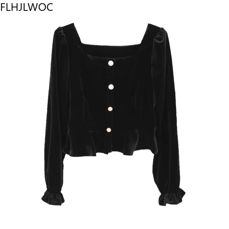 Black Chic Korea Cute Velvet Short Tops Blusas Women Long Sleeve Elegant Office Lady Winter Spring Button Basic Shirts Blouses